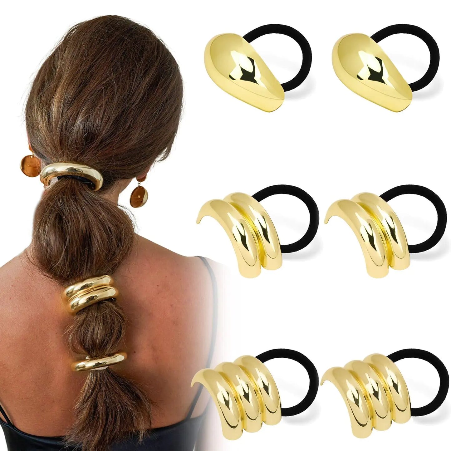 Chanaco 6Pcs Metal Hair Tie Gold Hair Cuffs for Women Geometric Gold Hair Ties Pony Tail Hair Cuff for Thick Hair Elastic Hair Ties Ponytail Cuff Hair Accessories No-damage