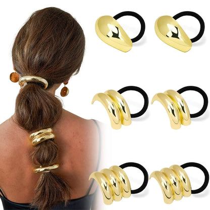 Chanaco 6Pcs Metal Hair Tie Gold Hair Cuffs for Women Geometric Gold Hair Ties Pony Tail Hair Cuff for Thick Hair Elastic Hair Ties Ponytail Cuff Hair Accessories No-damage