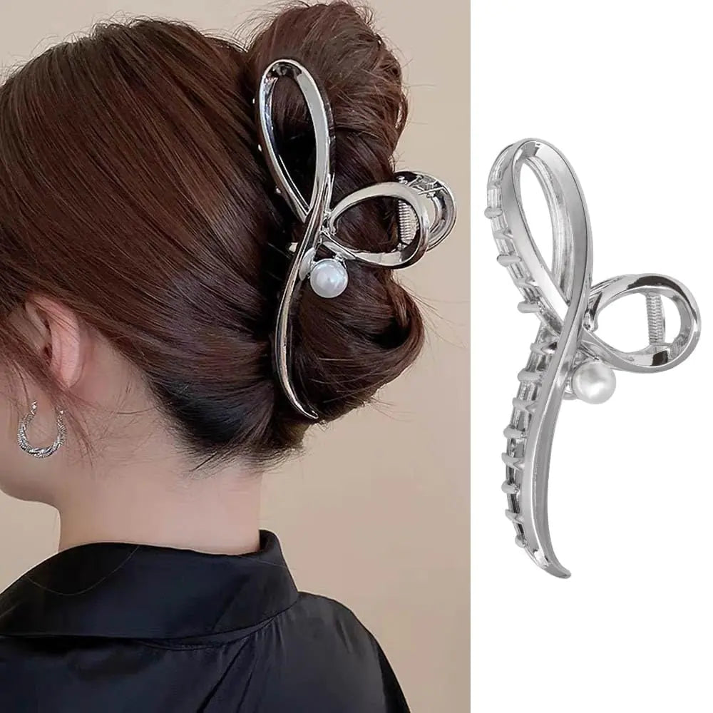 Large Bowknot Pearls Hair Clips for Women 5.6 Bow Hair Accessories - Metal Sliver Jaw Clamp for Long Thick Hair Girls Hair Styling Birthday Gift