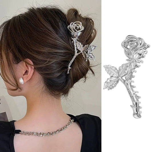 Flower Hair Claw Clips Metal Silver Rose Hair Clips Large Non-Slip Headdress Hair Crab Clip Thick Hair Jaw Clips Hair Strong Grip Clips Hair Accessories for Women and Girls
